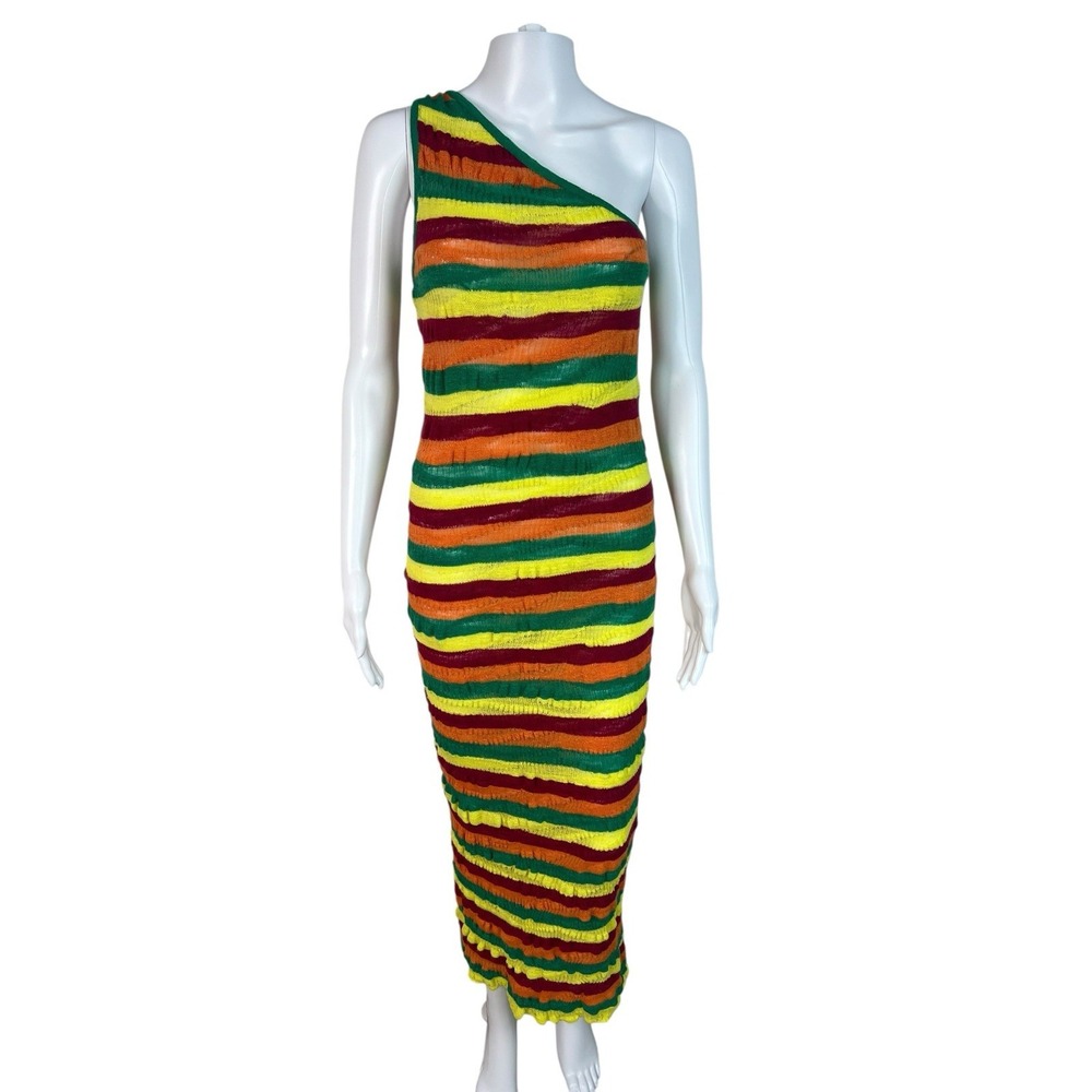 ZARA Women's Dress Bodycon Linen Blend Knit Stretch Striped One Shoulder Size S
